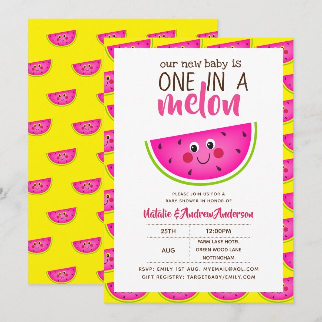 Invitation Un Dans Un Baby shower MELON Rose Jaune Moderne Cu (Devant / Derrière)