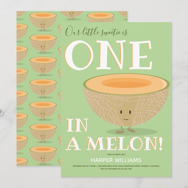 Invitation Un dans un Melon Cantaloupe premier dessin d'anniv (Devant / Derrière)