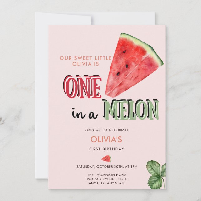 Invitation Un dans un melon | Pastèque | 1er anniversaire (Devant)
