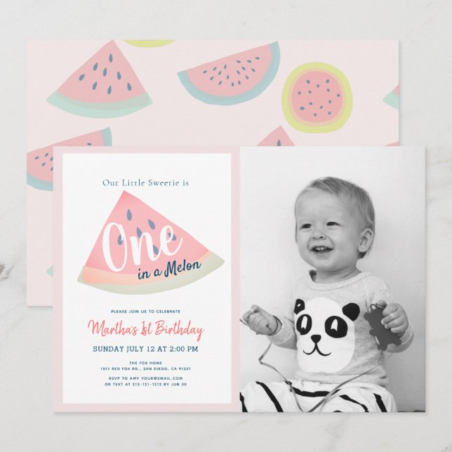 Invitation Un dans une pastèque Melon Blanc 1er anniversaire  (Devant / Derrière)