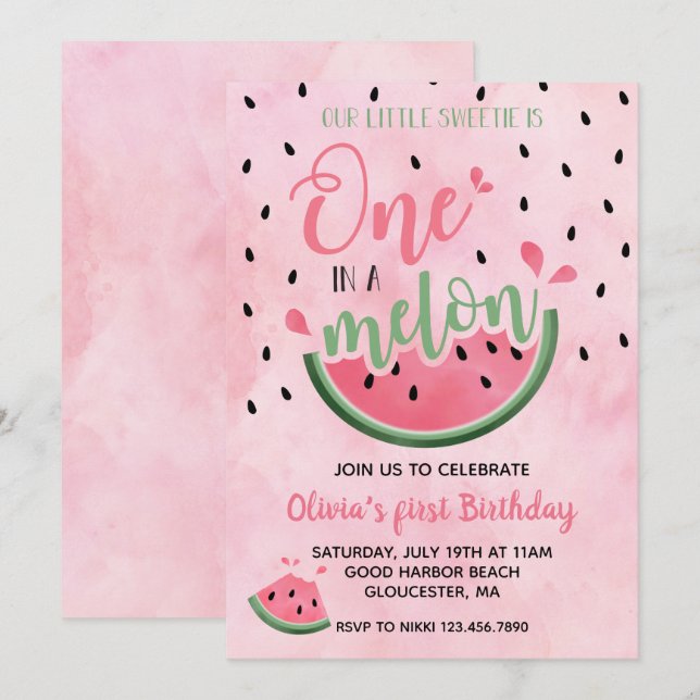 Invitation Un dans une pastèque Melon Watermelon 1er annivers (Devant / Derrière)