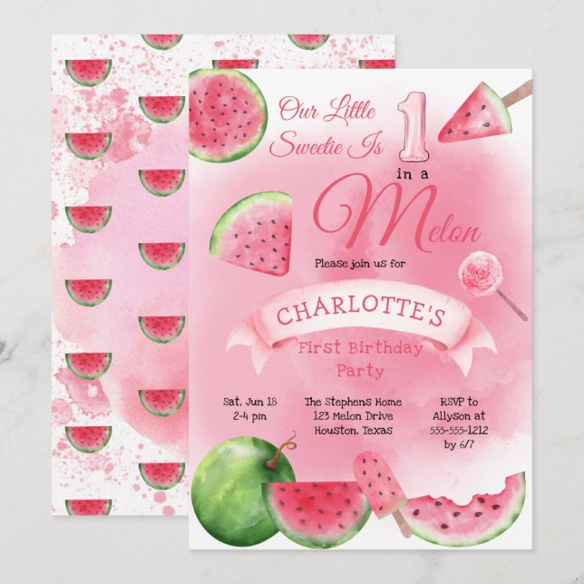 Invitation Un dans une pastèque rose melon 1er anniversaire (Devant / Derrière)