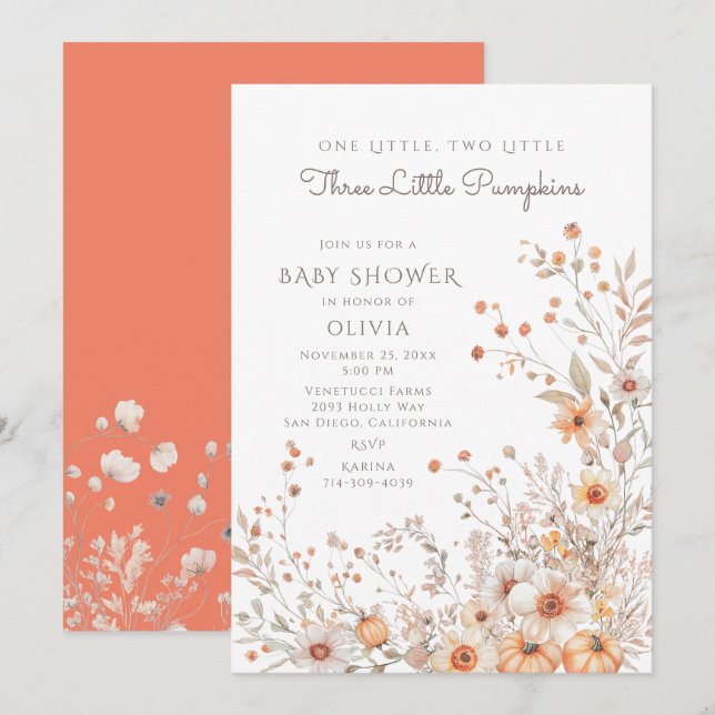 Invitation Un, Deux, Trois Petits Baby showers Citrouille (Devant / Derrière)