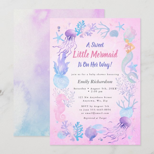 Invitation Un doux petit Baby shower de fille Pastel de Sirèn (Devant / Derrière)