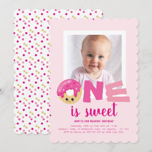 Invitation Un doux Photo Donut rose Bébé premier anniversaire