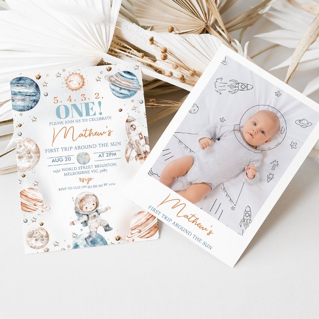 Invitation Un Garçon Astronaut Photo Premier Voyage Autour Du (Boys First Trip Around the Sun Birthday Invitation Photo, Outer Space Astronaut 1st Birthday Boy )