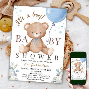 Invitation Un garçon   Baby shower Teddy Bear Blue Balloon