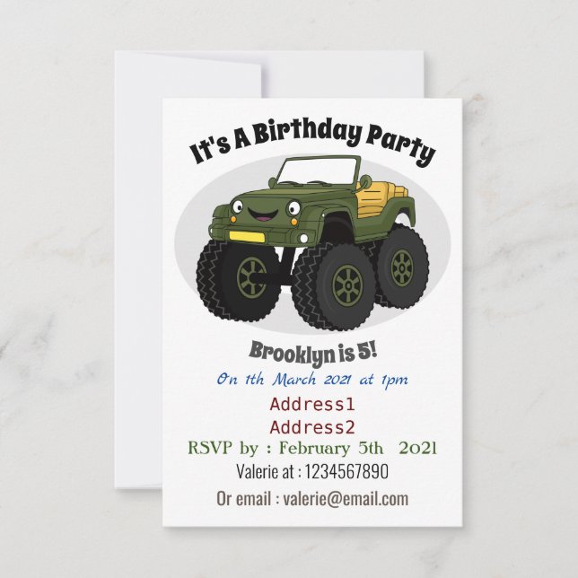 Invitation Un Green Monster truck (Devant)