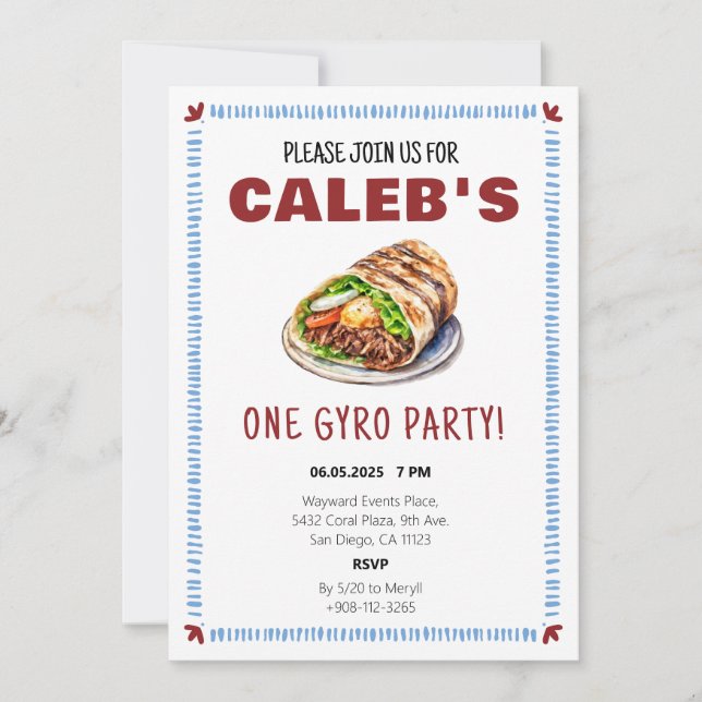 Invitation Un Gyro Party Grec Premier anniversaire (Devant)