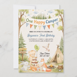Invitation Un Happy Camper 1er anniversaire ours garcon bois 