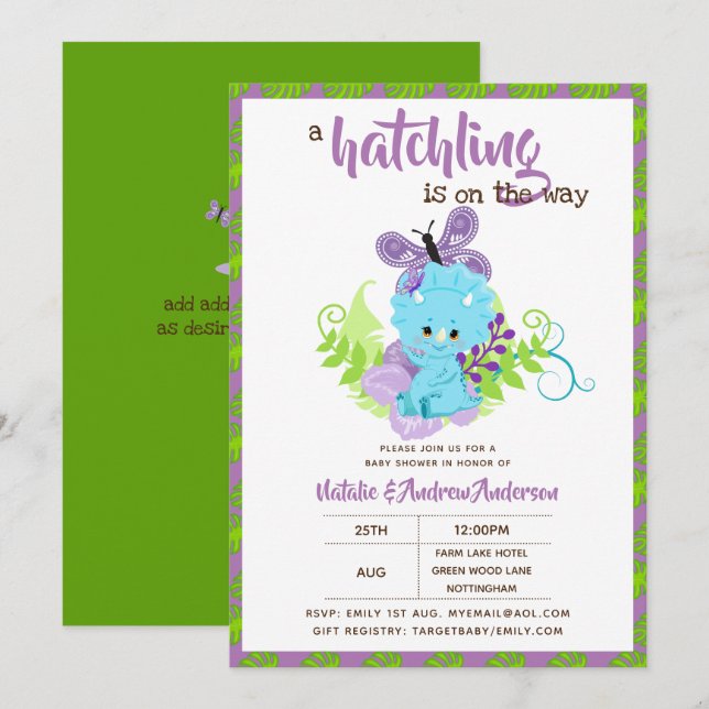 Invitation Un Hatchling Est Sur Le Chemin Du Baby shower Dino (Devant / Derrière)