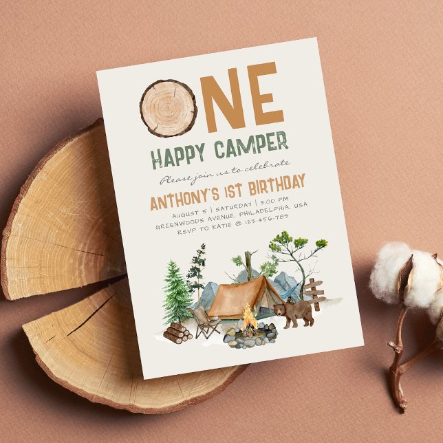 Invitation Un heureux Camper aquarelle Woodland 1er anniversa (Créateur téléchargé)