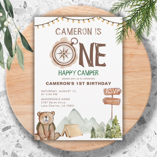 Invitation Un heureux Camper Bear Woodland 1er anniversaire (Créateur téléchargé)