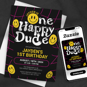 Invitation Un heureux Dude Neon Smile Face Boy 1er anniversai