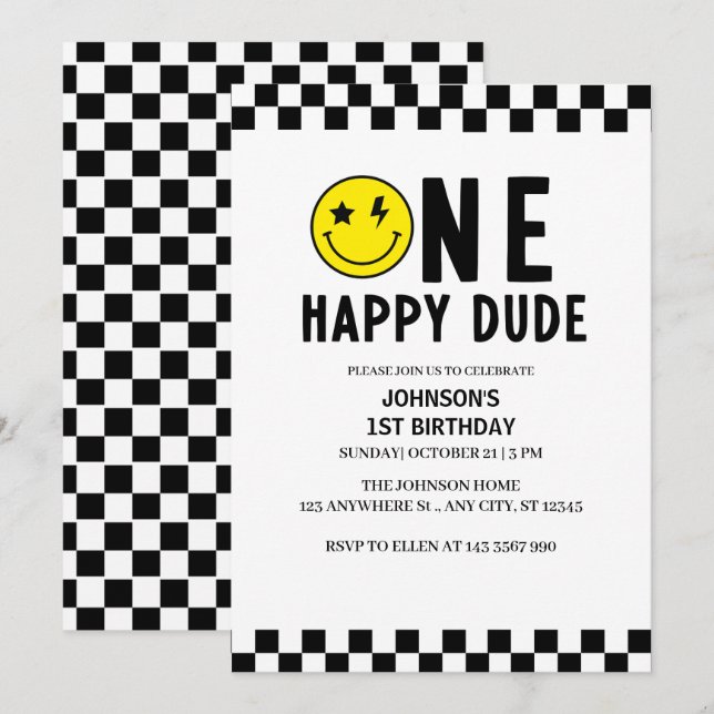 Invitation Un heureux Dude premier anniversaire (Devant / Derrière)
