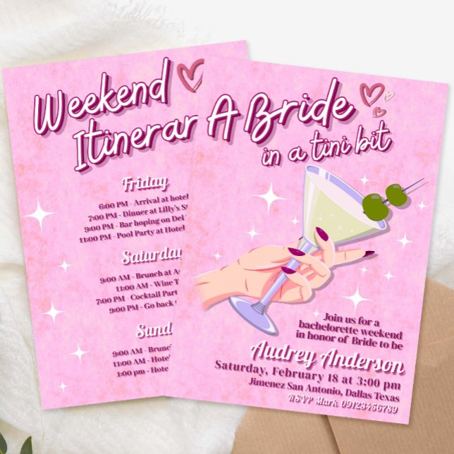 Invitation Un itinéraire de week-end pour l'enterrement de vi (A Bride in Tini Bit Bachelorette Weekend Itinerary Invitation
)