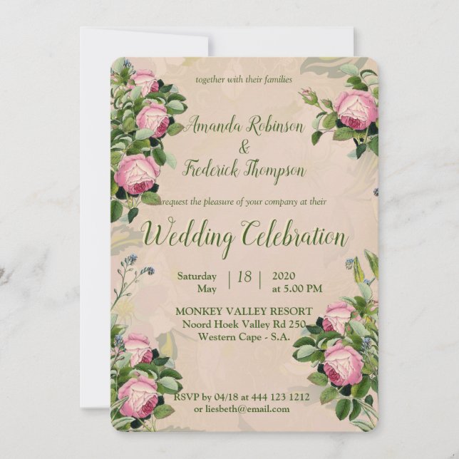 Invitation Un jardin victorien vert avec Mariage rose roses (Devant)