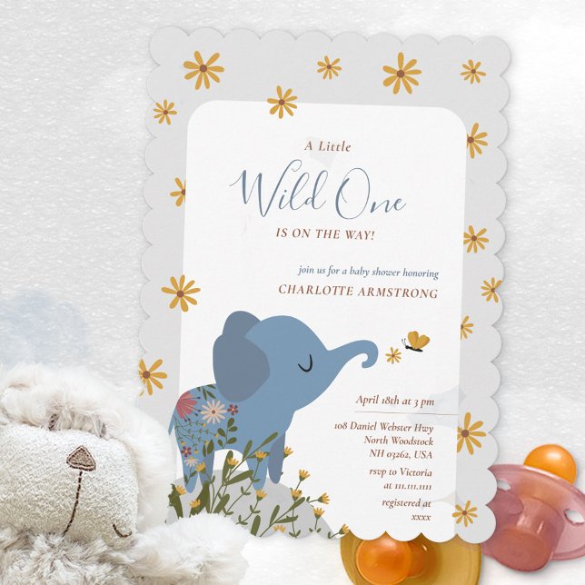 Invitation Un joli éléphant sauvage Baby shower floral (Wild One Cute Elephant Floral Baby Shower Invitation ©Susanne Sachers - Sunny Mind Design 🌞)