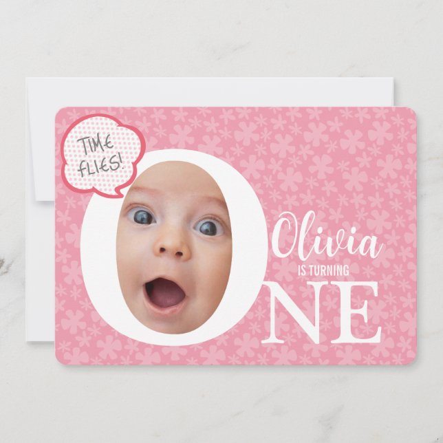 Invitation Un joyeux bébé photo rose fleur (Devant)