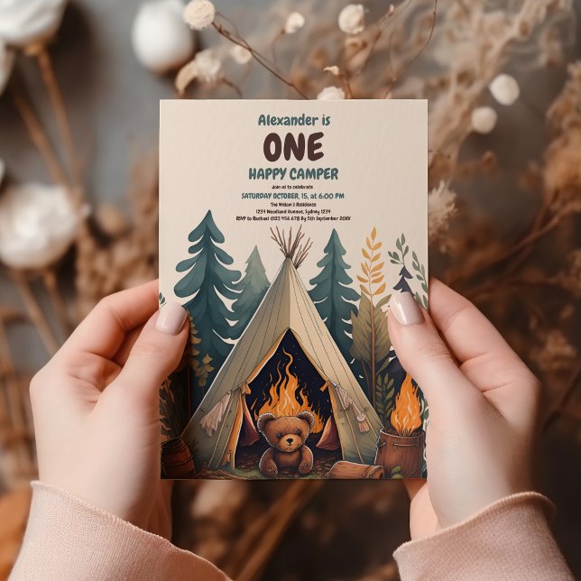 Invitation Un Joyeux Camper Bois Garçons 1er anniversaire (Créateur téléchargé)