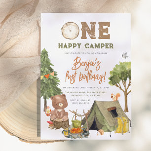 Invitation Un Joyeux Camper Bois Ours Bois 1er anniversaire