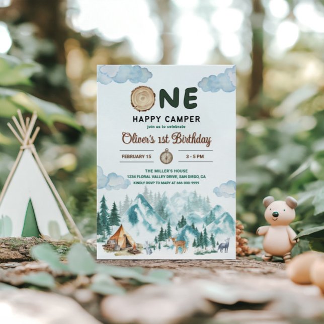 Invitation Un joyeux Camper Mountain Forest 1er anniversaire (One happy camper 1st birthday invitation)