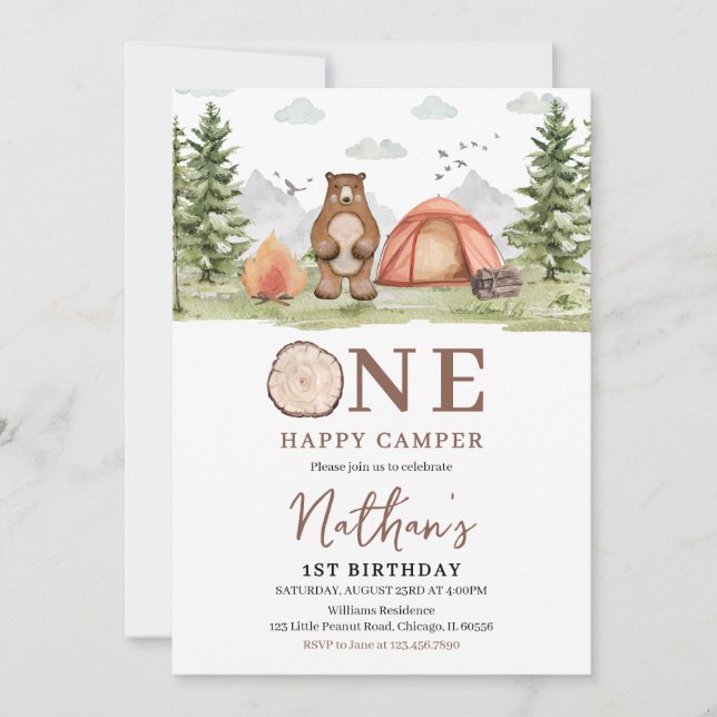 Invitation Un Joyeux Camper Woodland premier anniversaire (Devant)