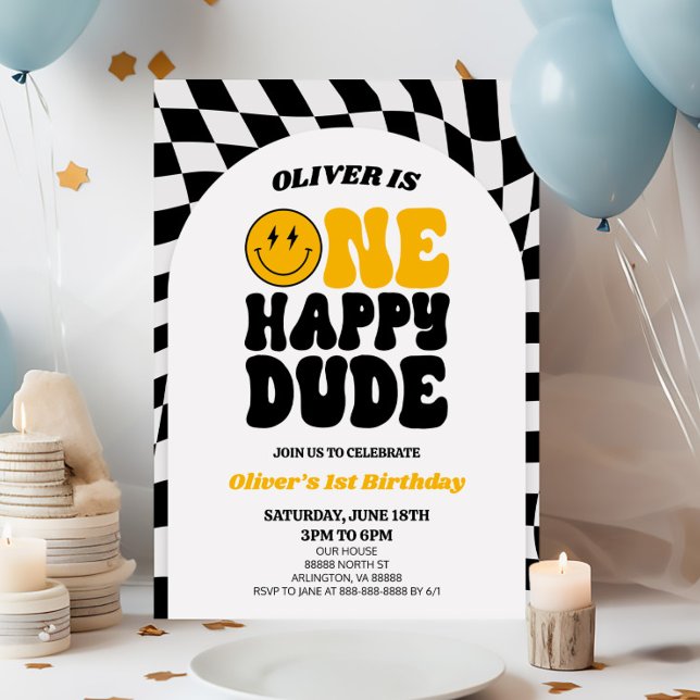 Invitation Un joyeux Dude Retro Arch 1er anniversaire fête (Créateur téléchargé)