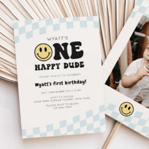 Invitation Un joyeux Mec Smiley Checker 1er anniversaire