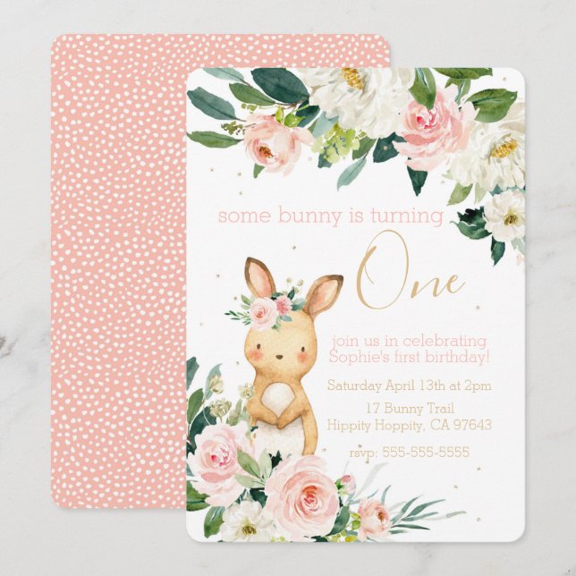Invitation Un lapin devient un premier anniversaire pour une  (Devant / Derrière)