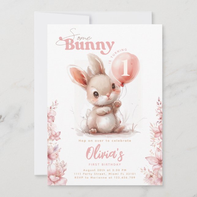 Invitation Un lapin est 1 fille rose 1er premier anniversaire (Devant)