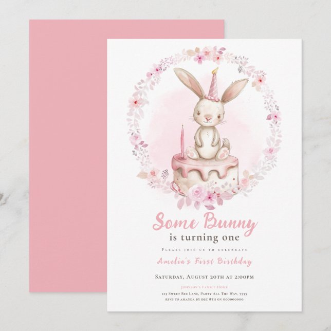 Invitation Un lapin est un lapin rose Fleur sauvage en premie (Devant / Derrière)