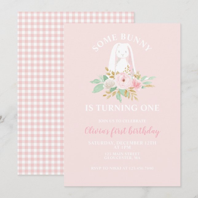 Invitation Un lapin est un premier anniversaire floral (Devant / Derrière)