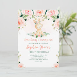 Invitation Un lapin est un Rose rose Floral 1er anniversaire