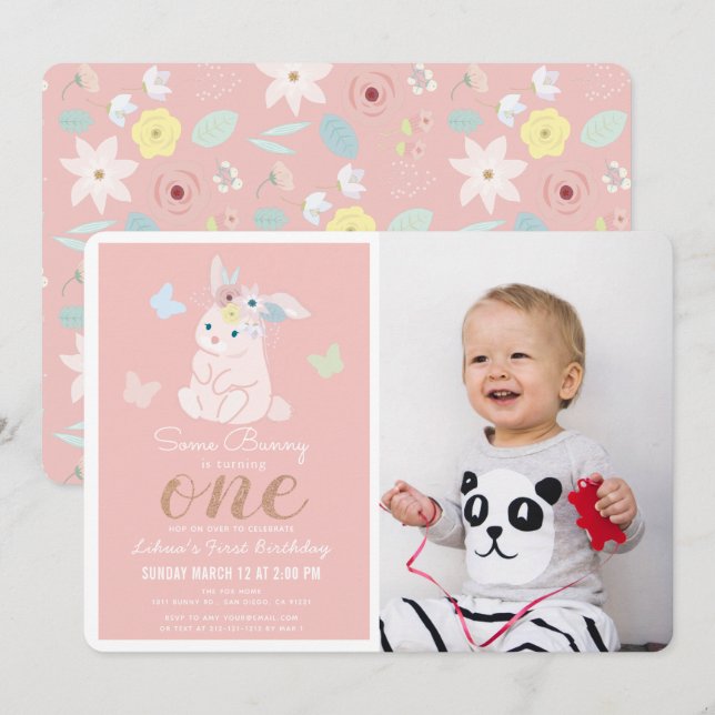 Invitation Un lapin Floral Rose Girl 1ère photo Anniversaire (Devant / Derrière)