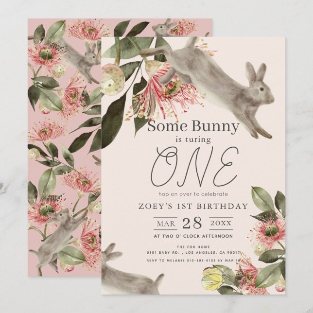 Invitation Un lapin rose floral fille 1er anniversaire (Devant / Derrière)
