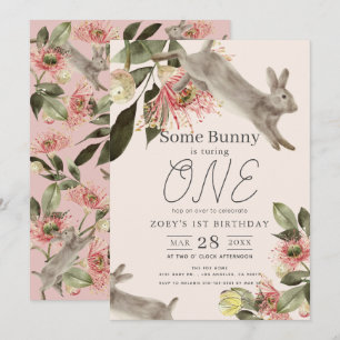 Invitation Un lapin rose floral fille 1er anniversaire