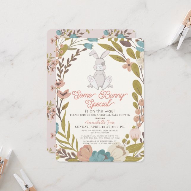 Invitation Un lapin spécial Floral Girl Baby shower virtuel (Devant/Arrière en situation)