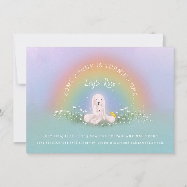 Invitation Un Lapin Tourne Un Arc En Ciel Premier Anniversair (Devant)