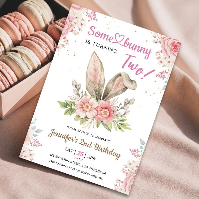 Invitation Un lapin va DEUX ans ! 2e anniversaire fille rose (Créateur téléchargé)