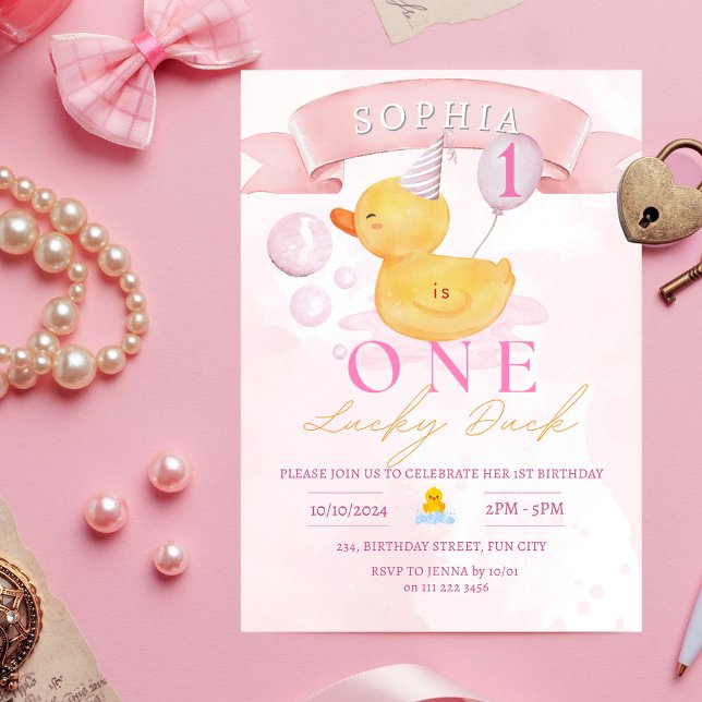 Invitation Un Lucky Canard rose fille Canard en caoutchouc 1e (One Lucky Duck Pink Rubber Duck 1st Birthday Invitation)