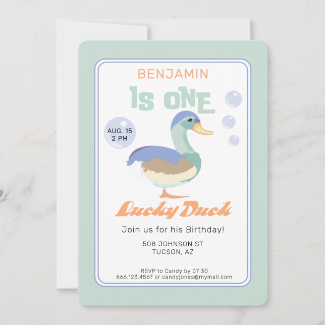 Invitation Un Lucky Duck & Bubbles Premier Anniversaire Paste (Devant)