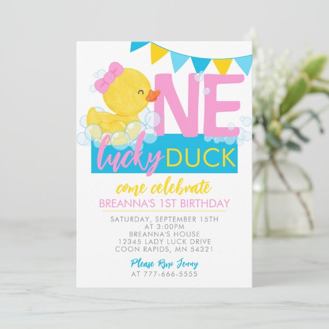 Invitation Un Lucky Duck Girl Rubber Duck 1er anniversaire (Debout devant)