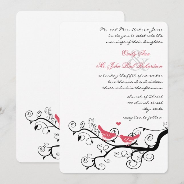 Invitation Un mariage avec un Inséparable rose Tourbillonnant (Devant / Derrière)
