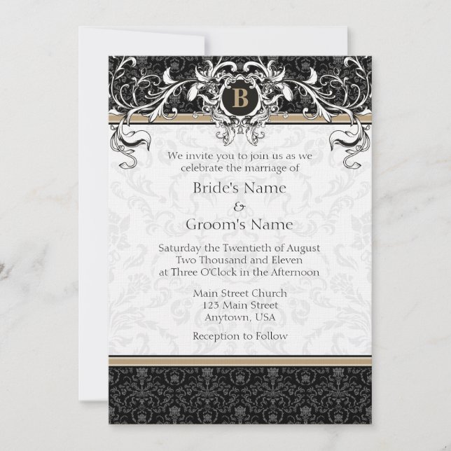 Invitation Un mariage avec un monogramme noir et bronzé A7 in (Devant)