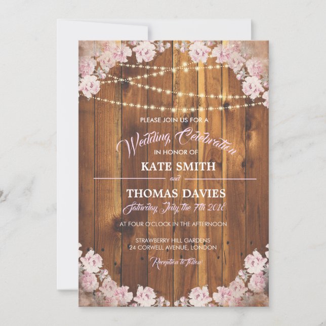 Invitation Un mariage en bois avec des cordes lumineuses flor (Devant)