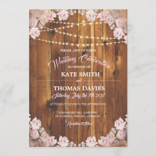 Invitation Un mariage en bois avec des cordes lumineuses flor