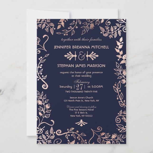 Invitation Un mariage floral Rose d'or élégant avec la marine (Devant)