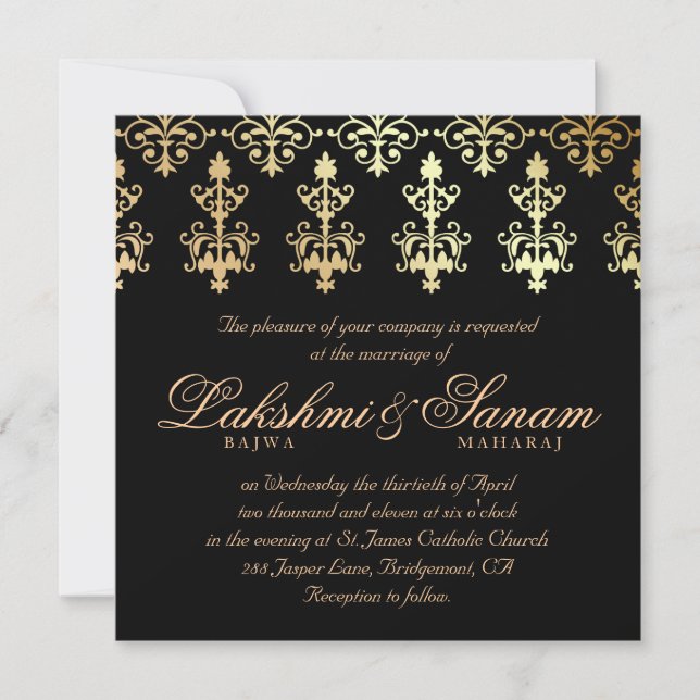 Invitation Un mariage indien invite Damask Gold Winter Black (Devant)