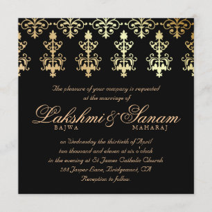 Invitation Un mariage indien invite Damask Gold Winter Black